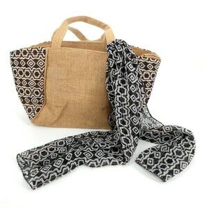 Cypress Home Shoulder Bag With Scarf Jute Beige Black White Coated‎ Lining